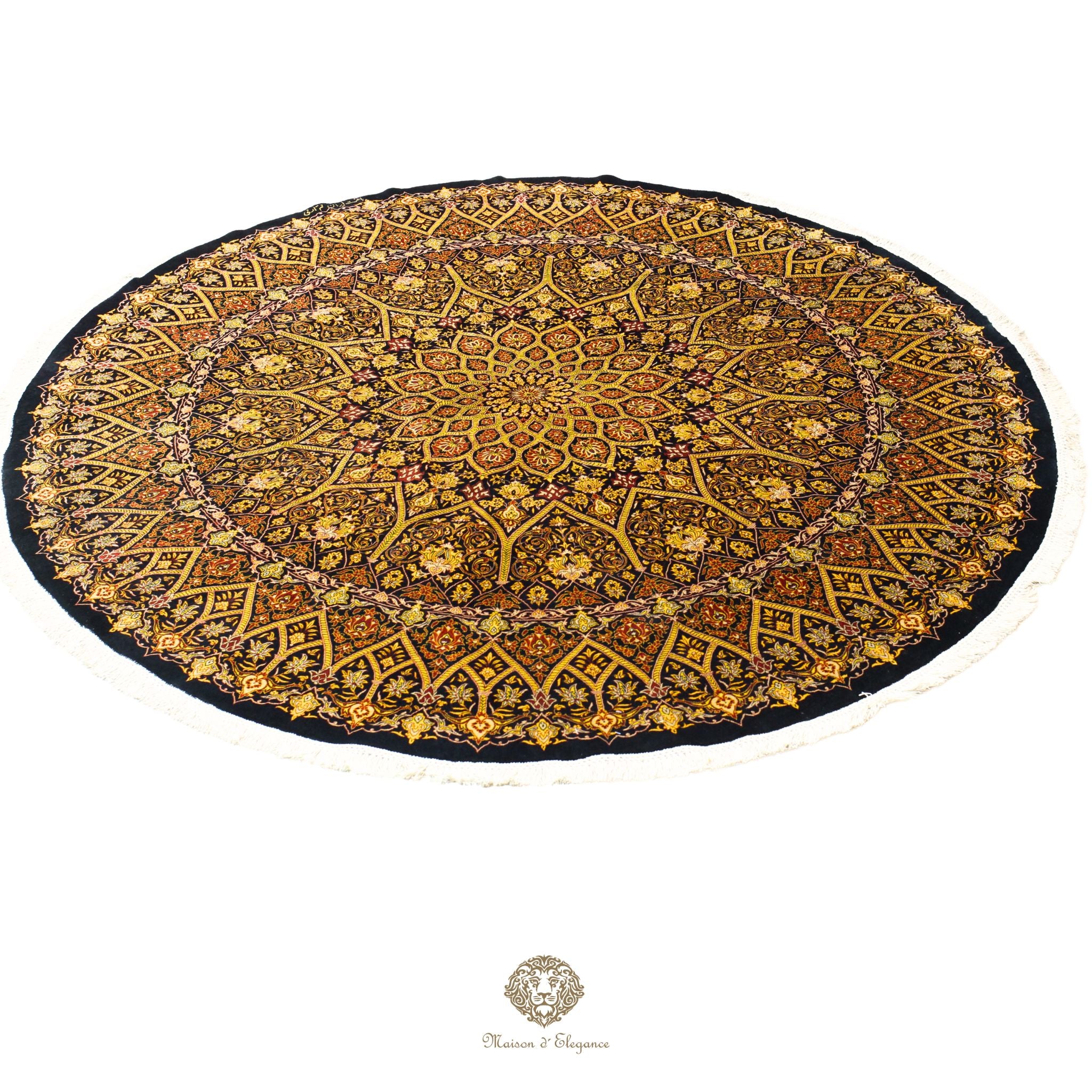 Decorative round rug with intricate patterns on a black/gold background