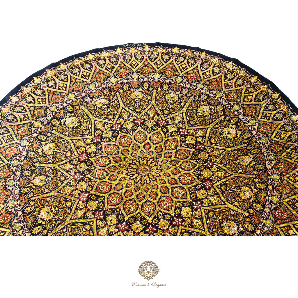 Decorative rug with intricate geometric pattern on a black/gold background