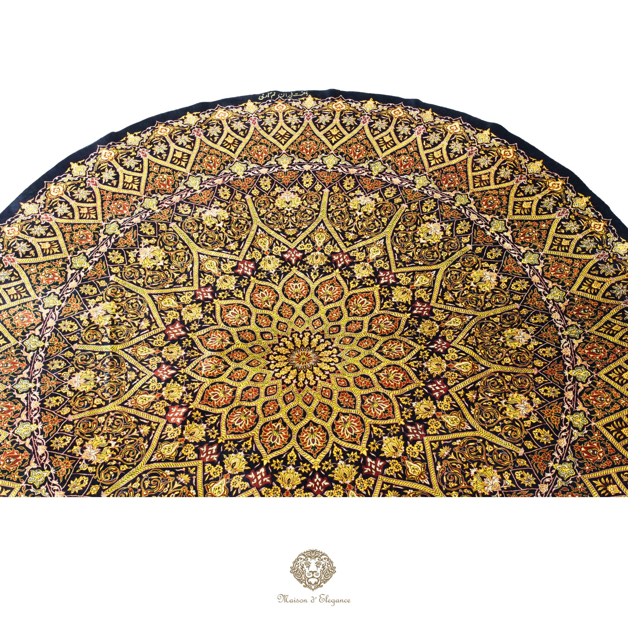 Decorative rug with intricate geometric pattern on a black/gold background
