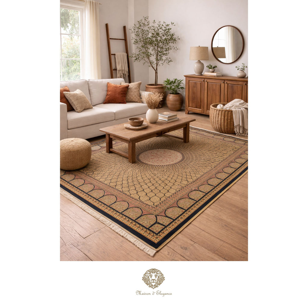 Living room with a patterned rug, wooden coffee table, and decorative items.