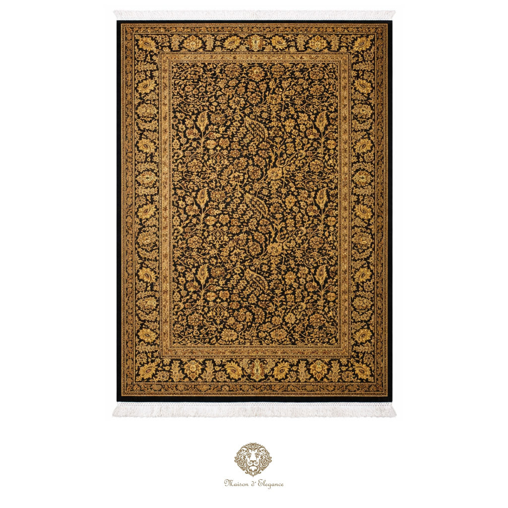 Decorative rug with intricate patterns on a black background