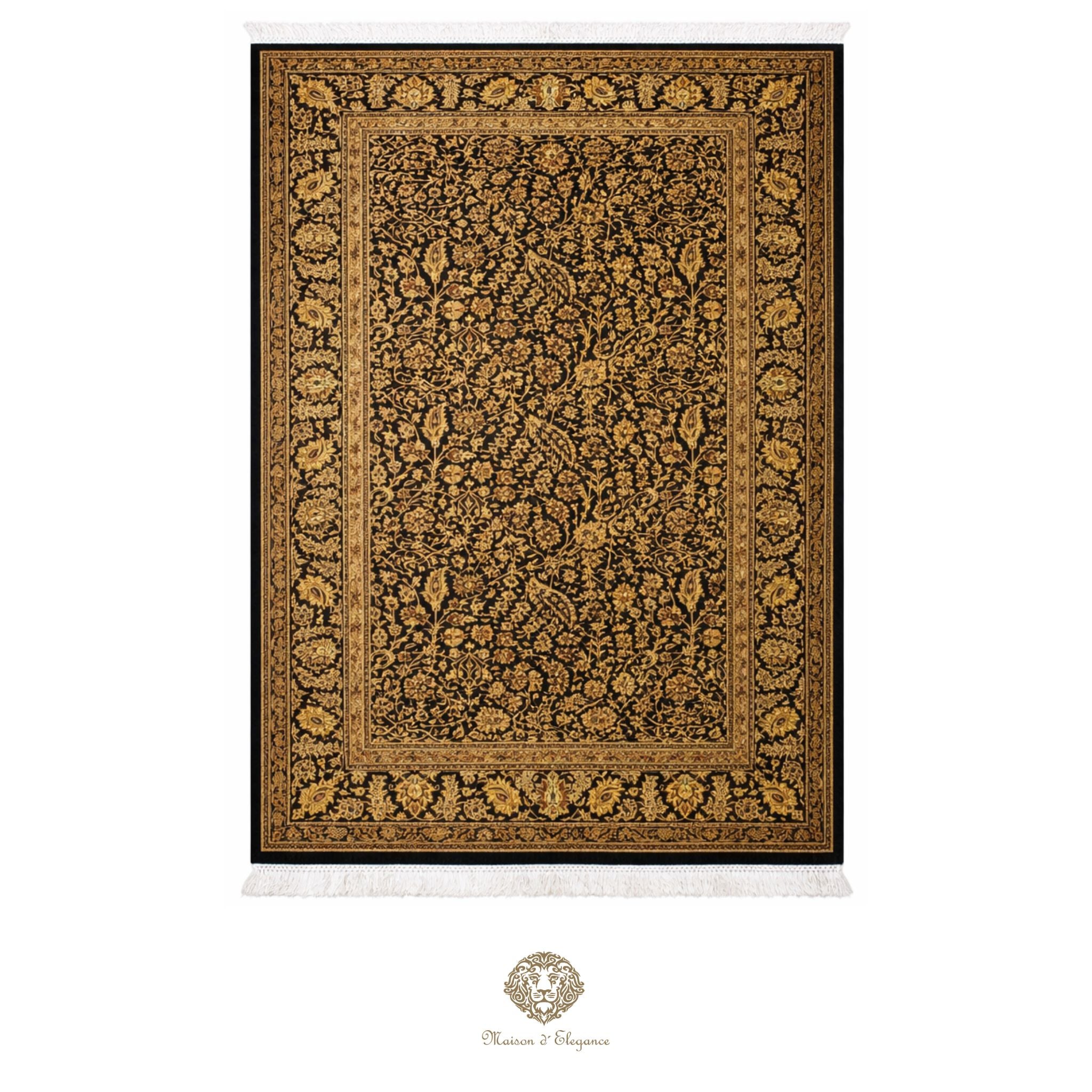 Decorative rug with intricate patterns on a black background