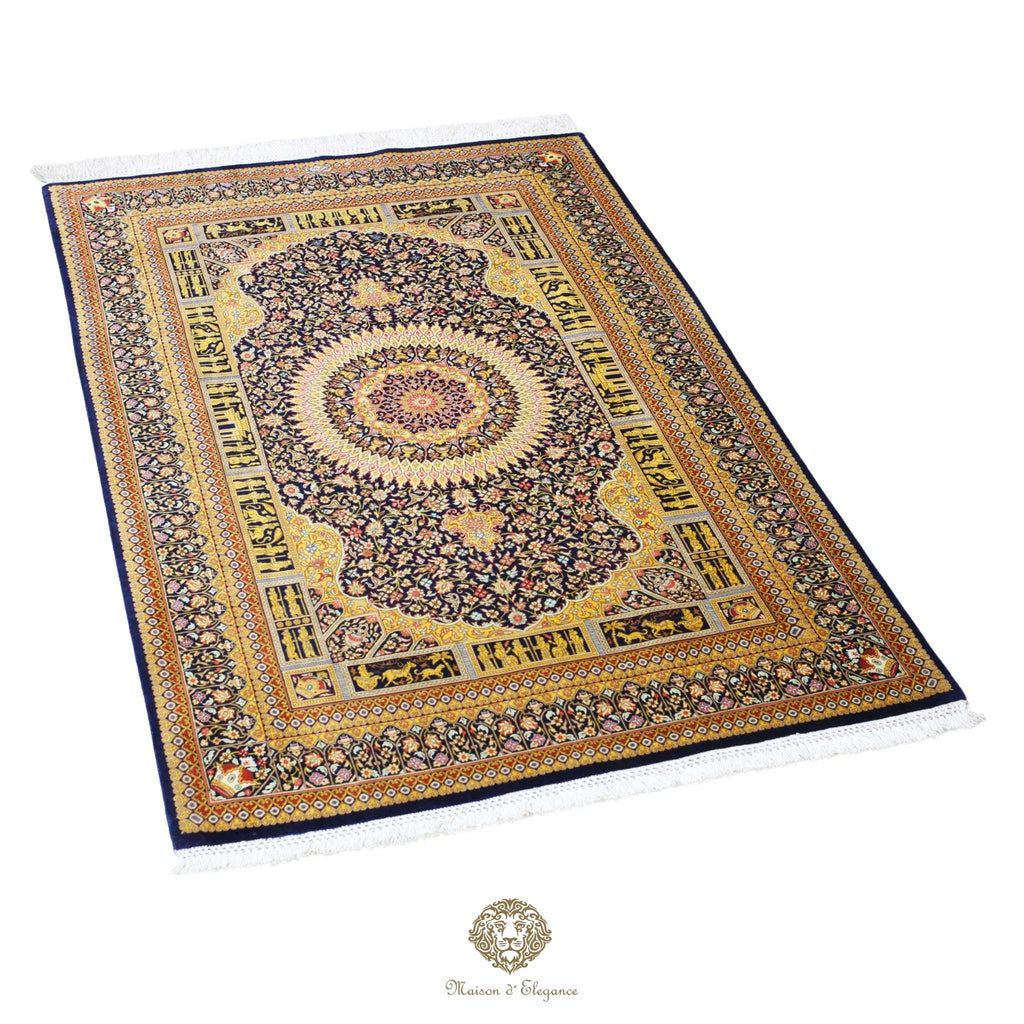 Decorative rug with intricate patterns on a navy background