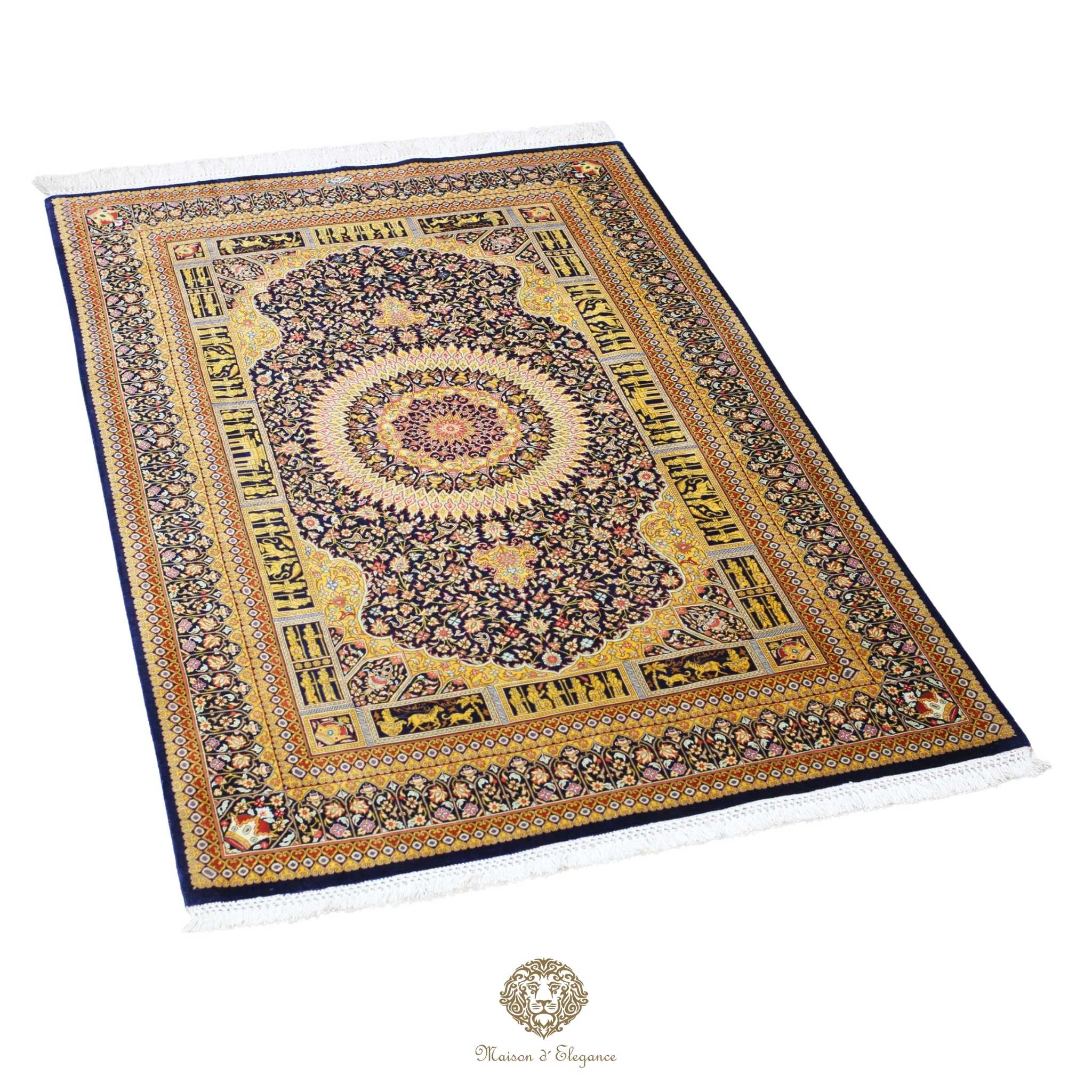 Decorative rug with intricate patterns on a navy background