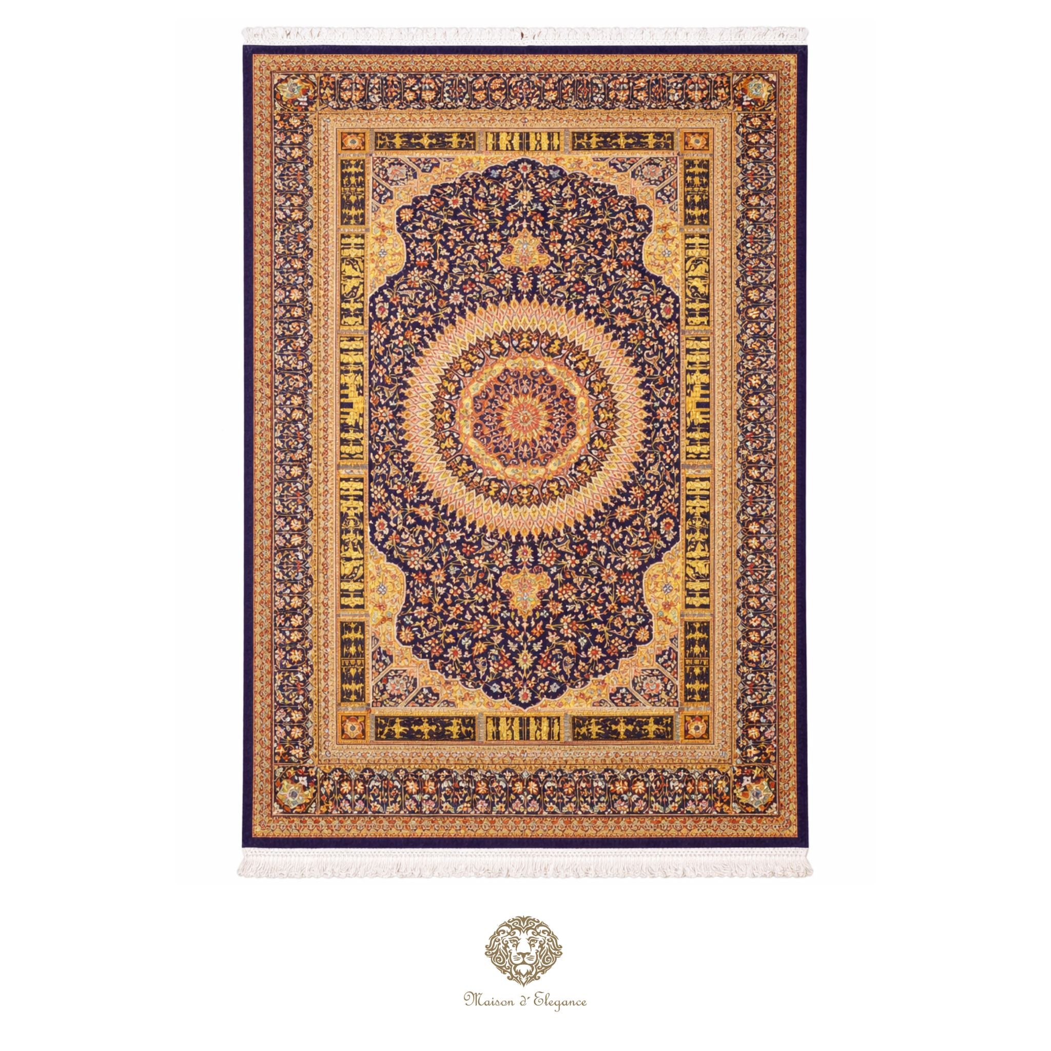 Decorative rug with intricate patterns on a navy background