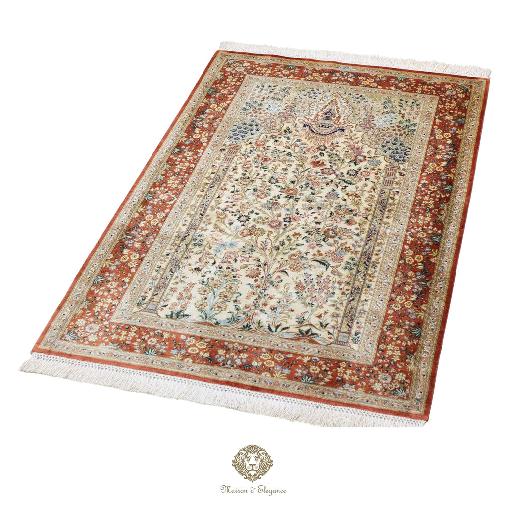 Decorative rug with intricate patterns on a white background