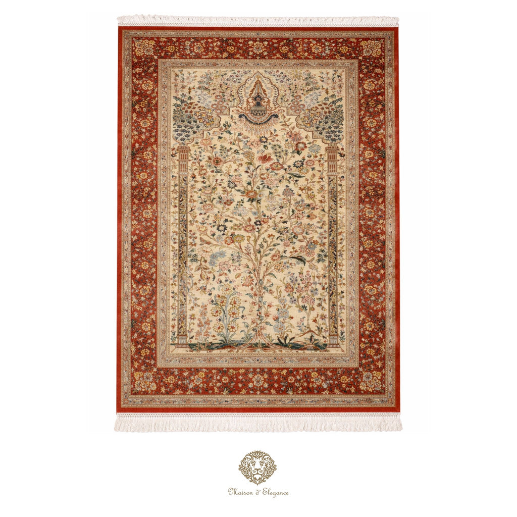 Decorative rug with intricate patterns on a ivory background