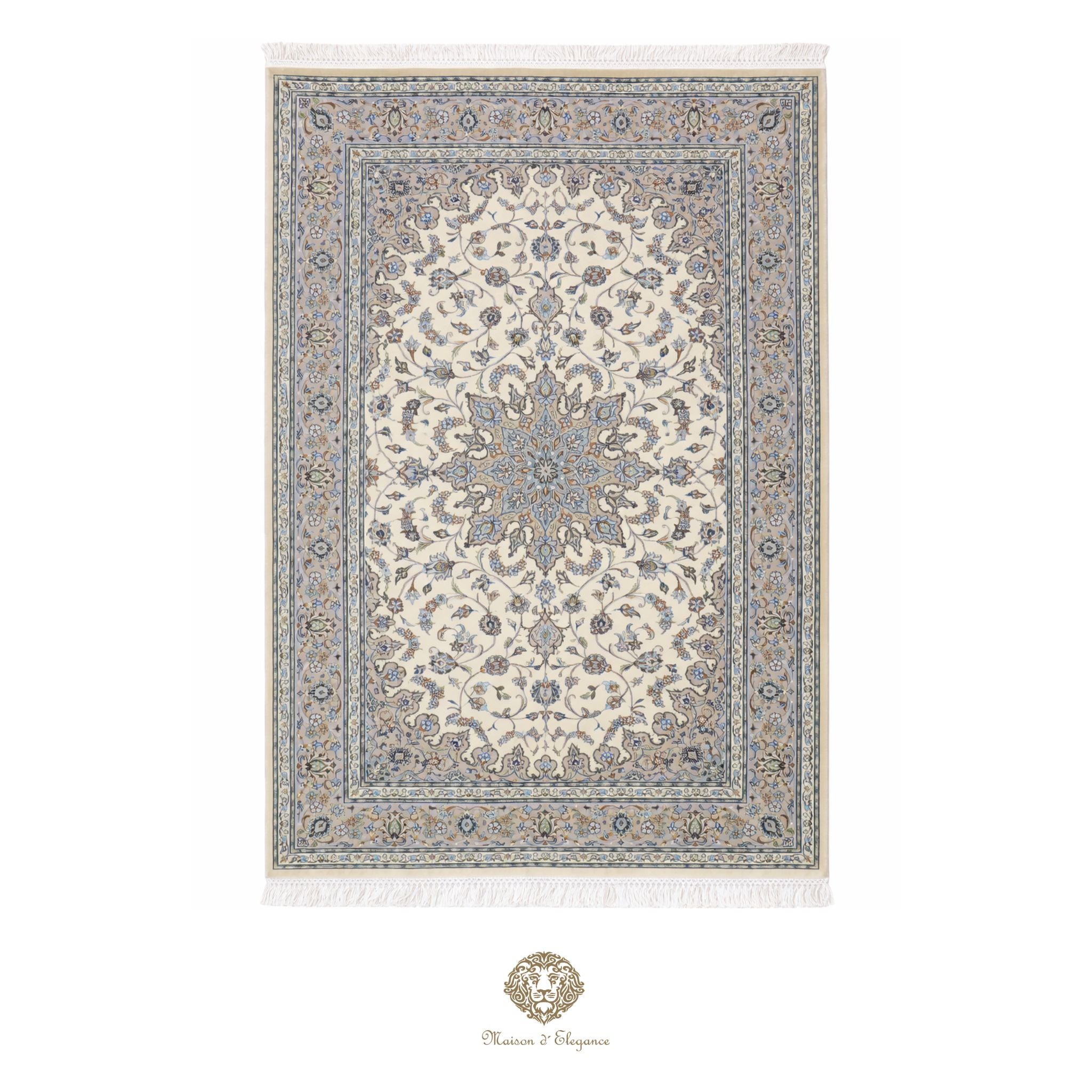 Decorative rug with intricate patterns on a white background
