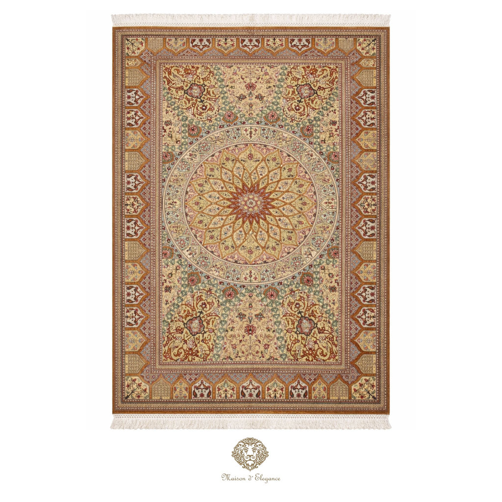 Decorative rug with intricate patterns on a ivory background