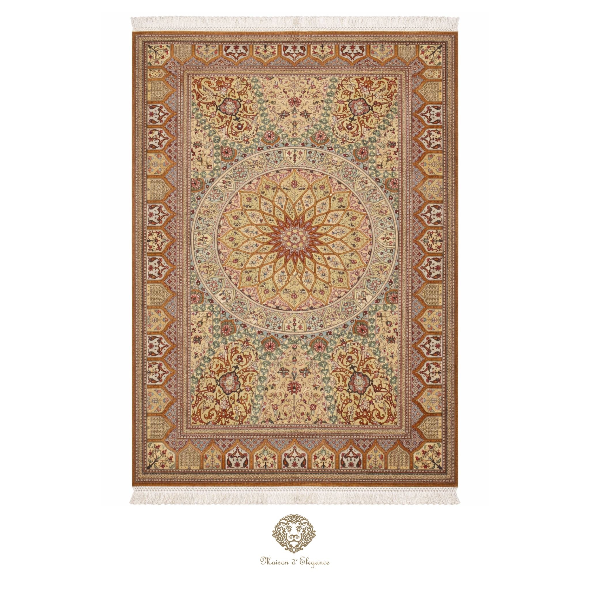 Decorative rug with intricate patterns on a ivory background