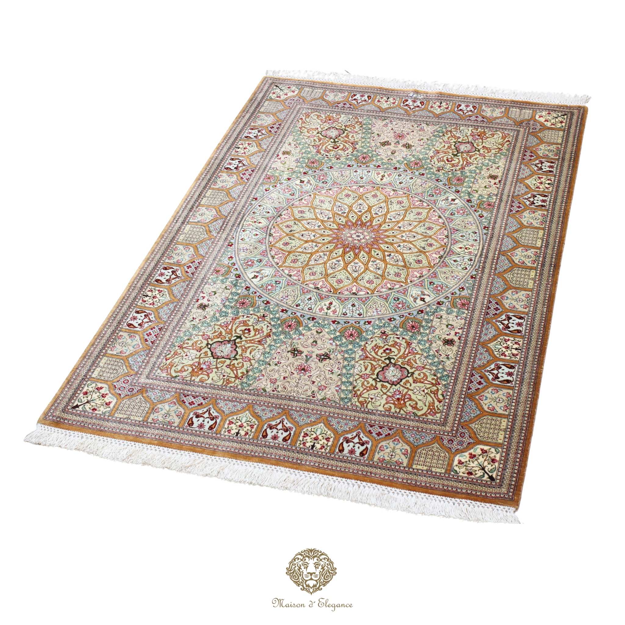 Decorative rug with intricate patterns on a ivorybackground