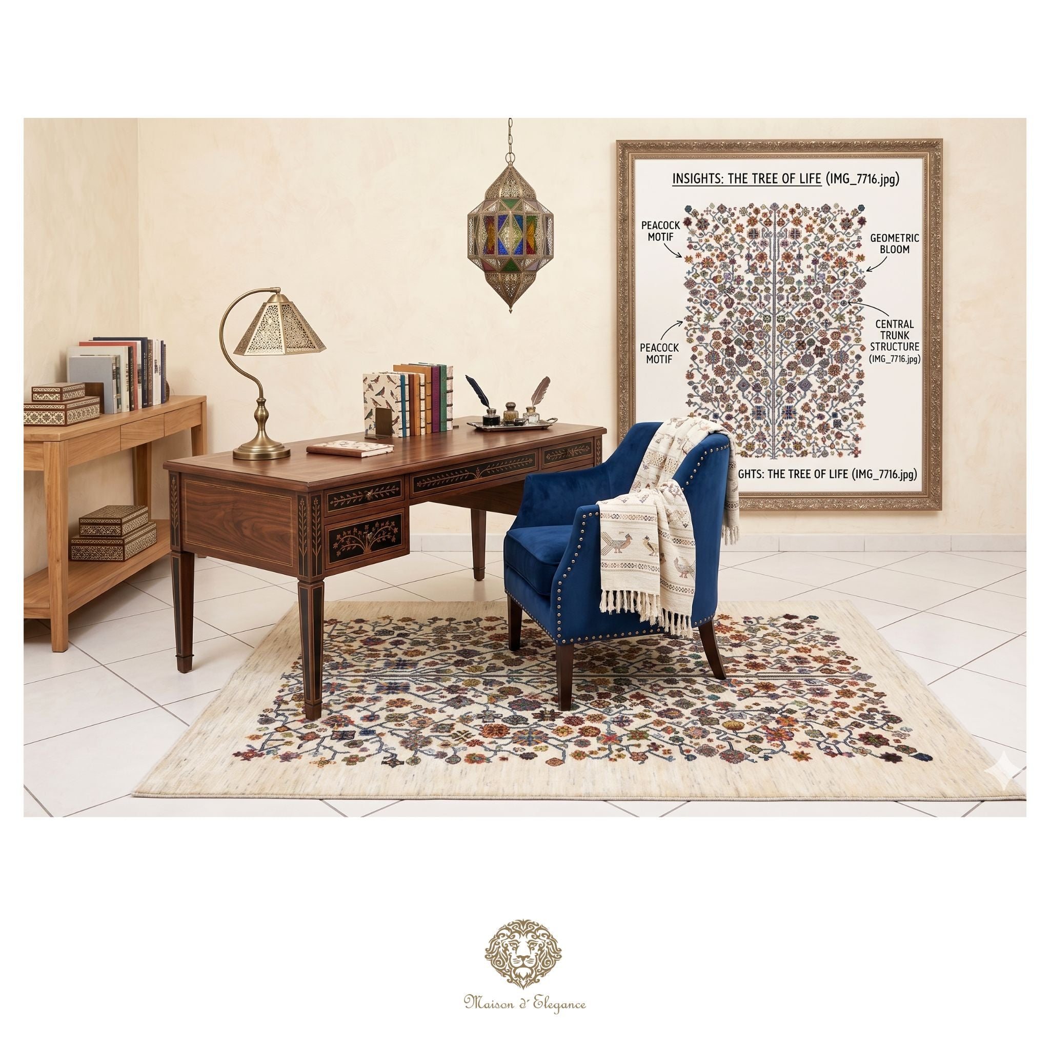 Home office with wooden desk, blue armchair, and decorative elements.