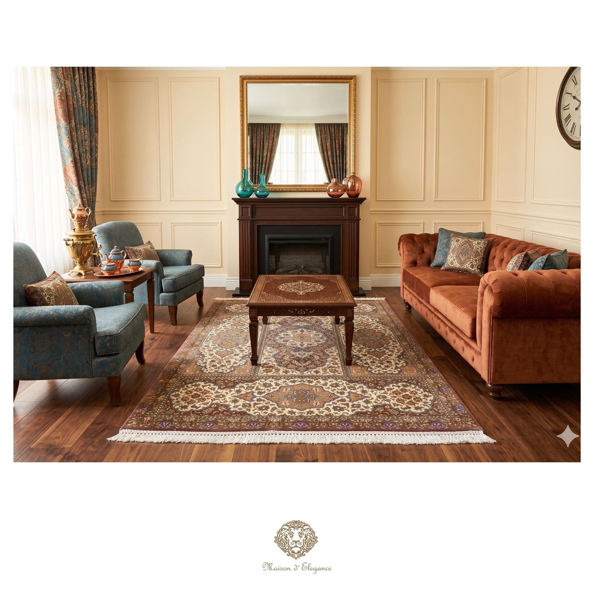 Living room with brown sofa, blue armchair, wooden coffee table, and decorative items.