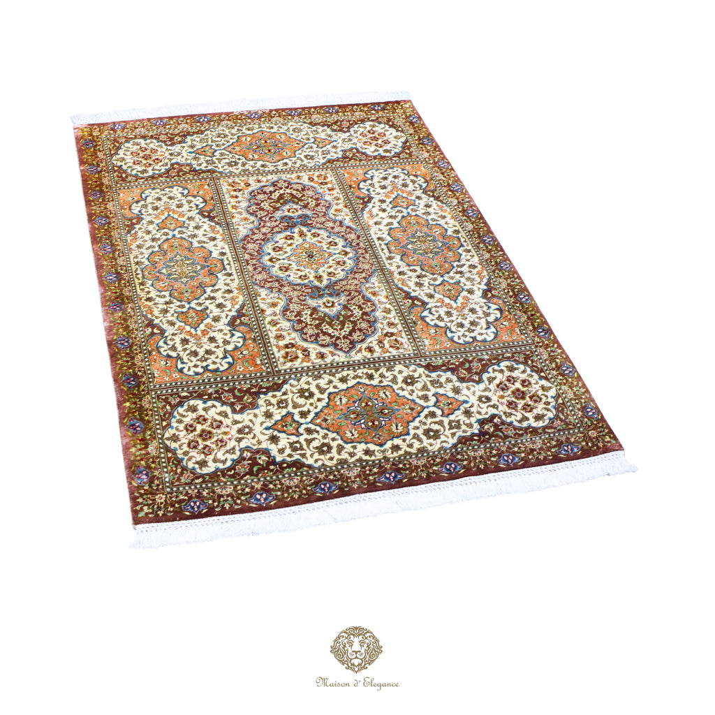 Decorative rug with intricate patterns on a white background