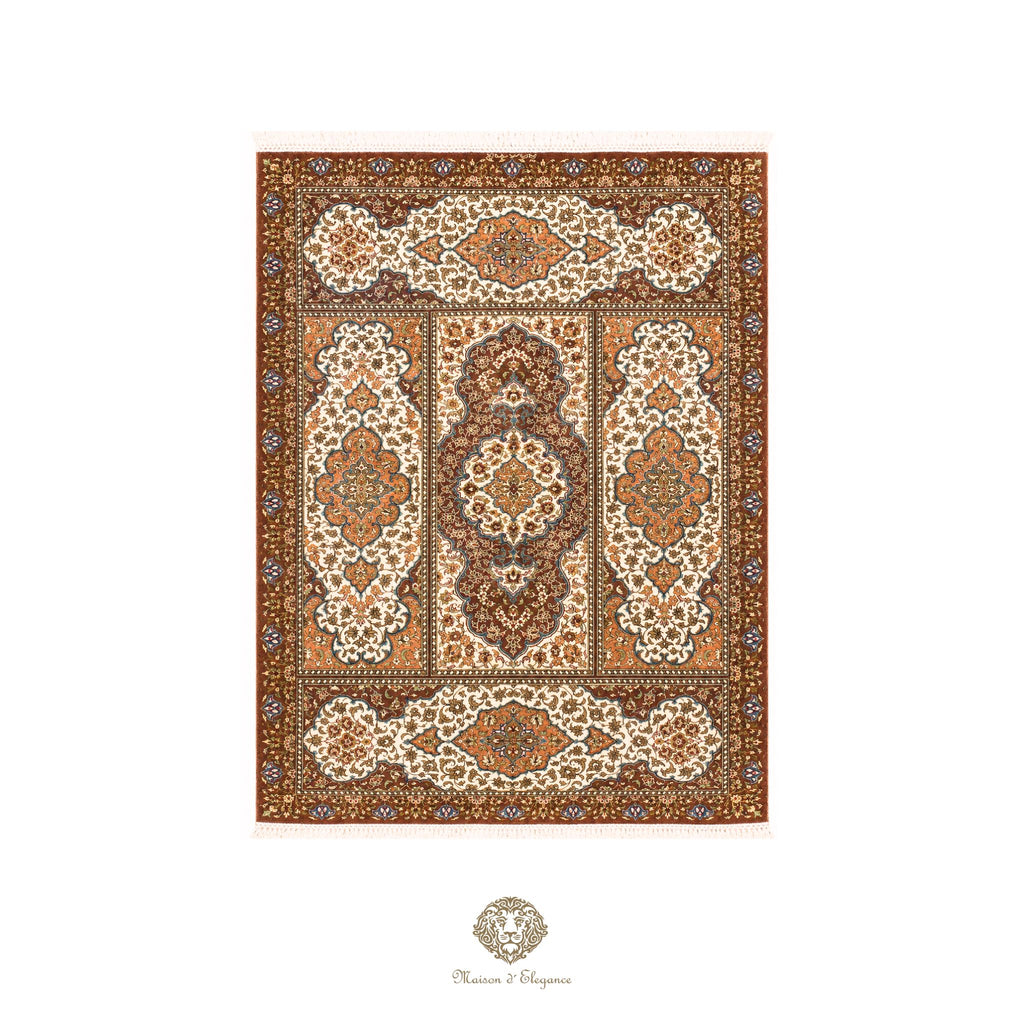 Decorative rug with intricate patterns on a white background