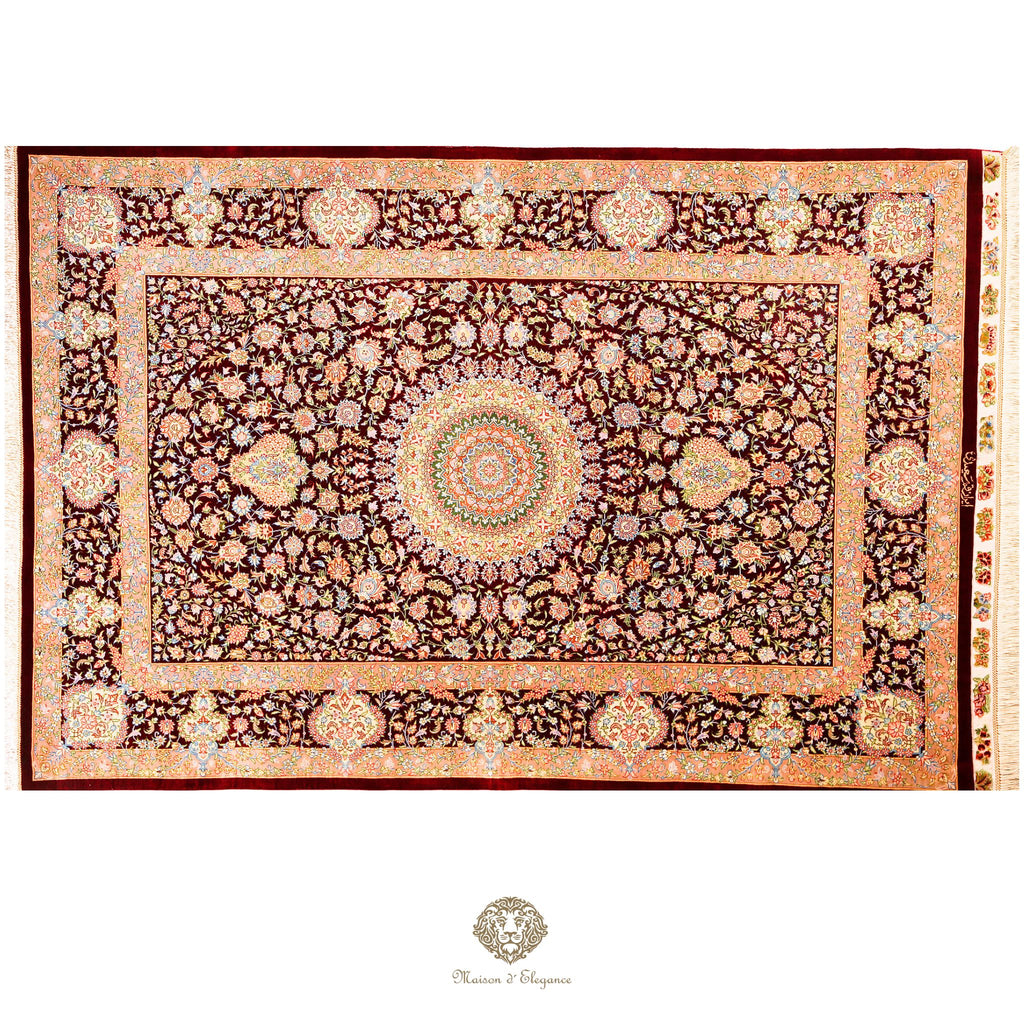 Alfombra persa de seda pura Qum Super fina | Obra maestra de alta gama firmada 104x157 cm