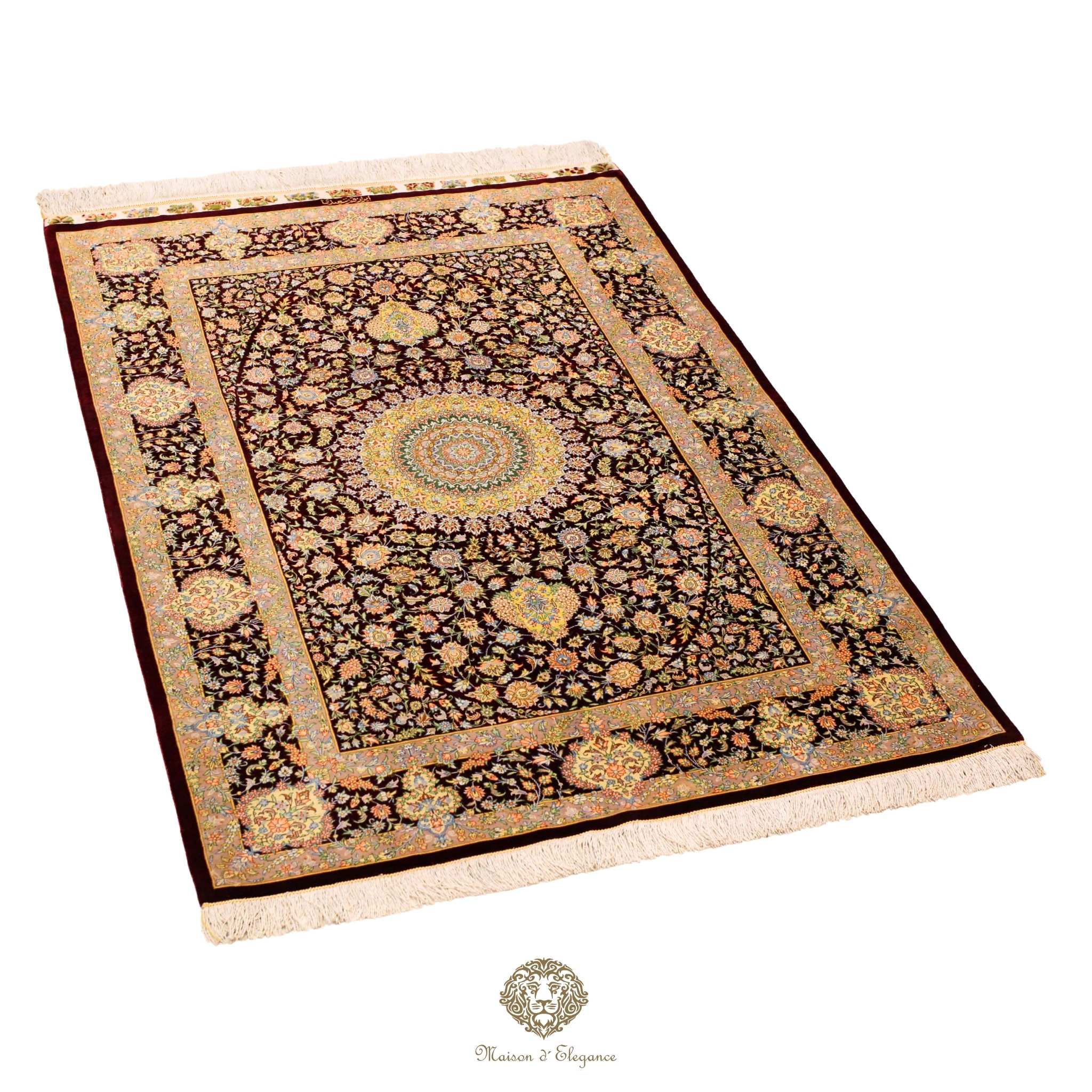 Decorative rug with intricate patterns on a white background