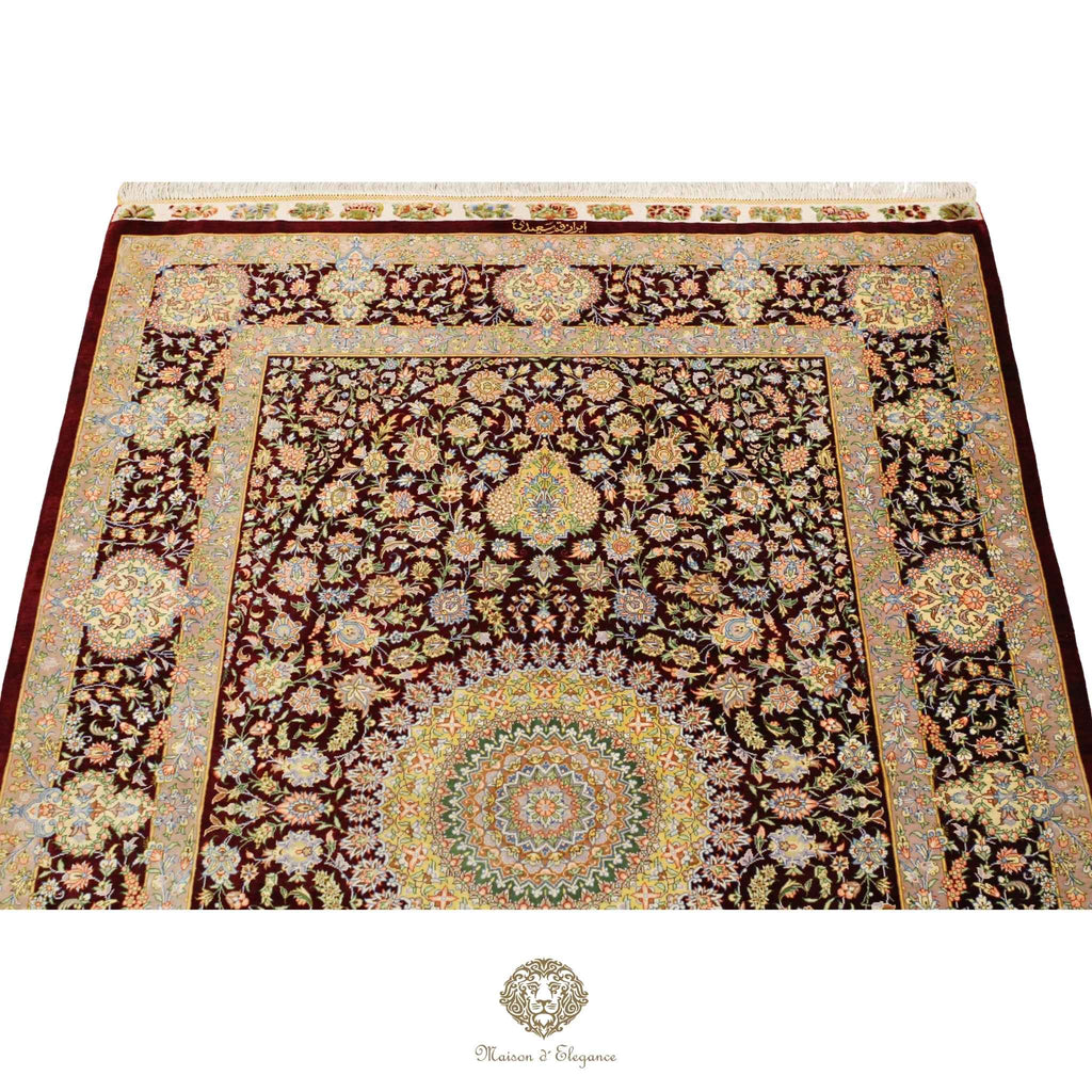Decorative rug with intricate patterns on a white background