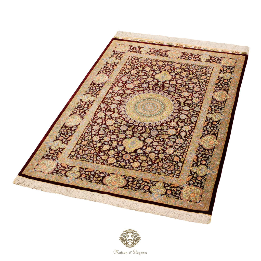 Decorative rug with intricate patterns on a white background