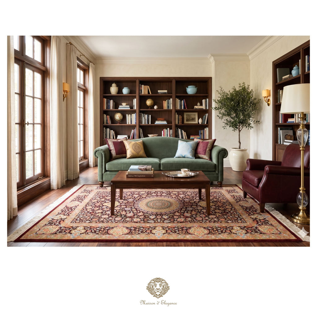 Living room with a green sofa, wooden coffee table, and bookshelves.