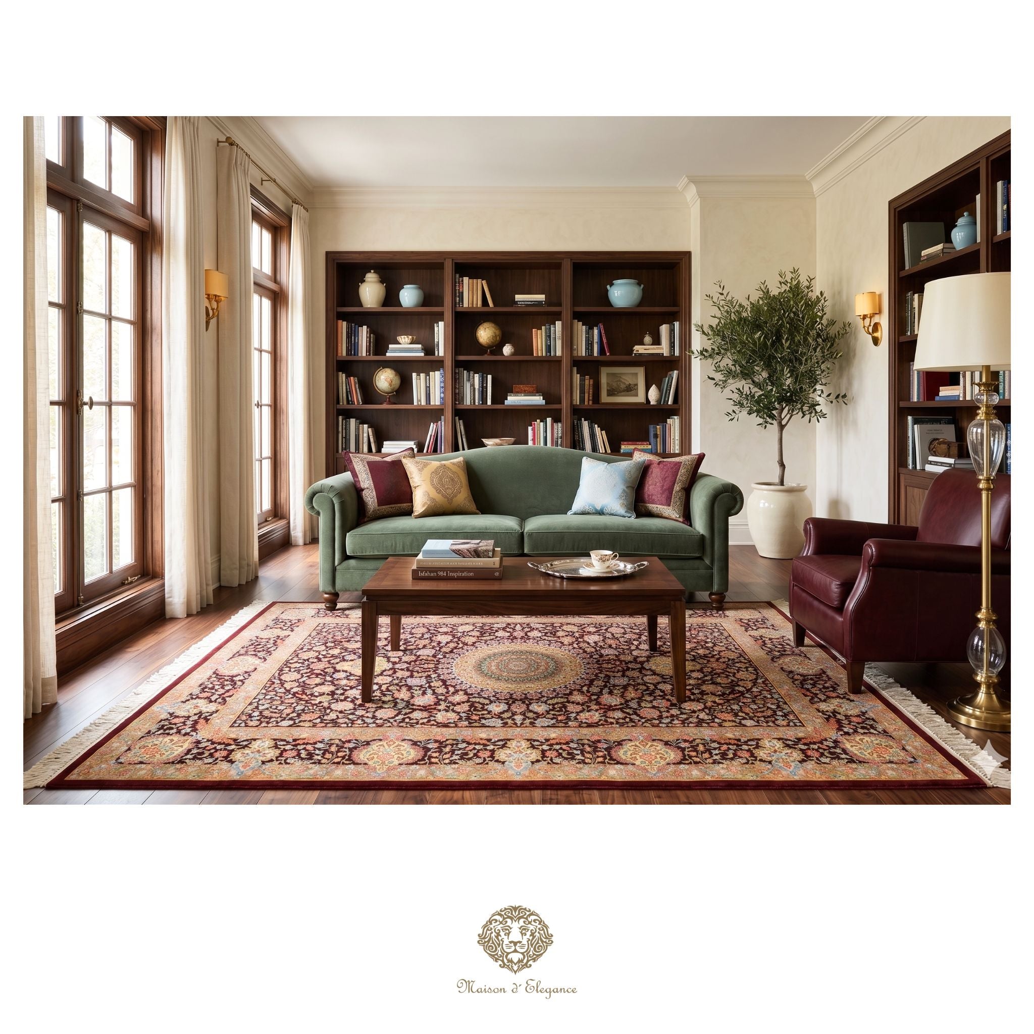 Living room with a green sofa, wooden coffee table, and bookshelves.