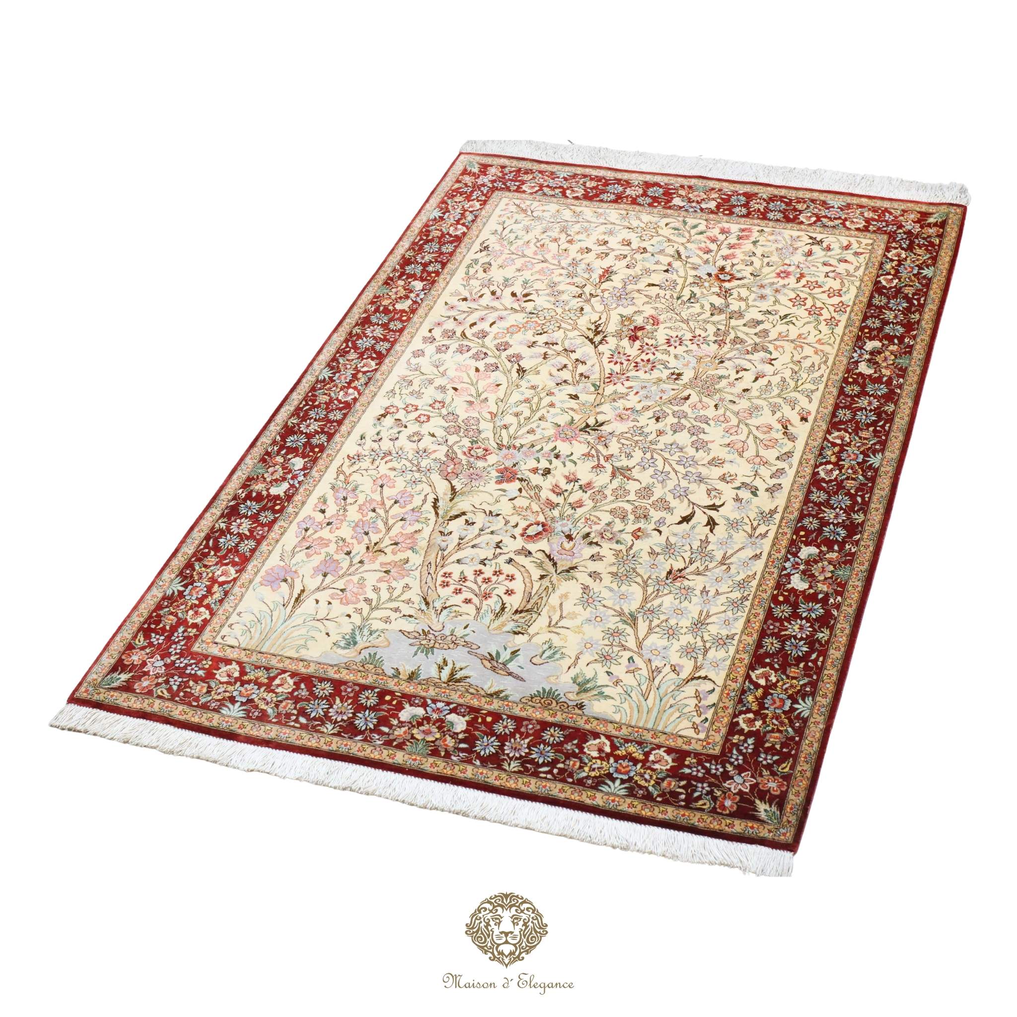 Decorative rug with intricate patterns on a white background