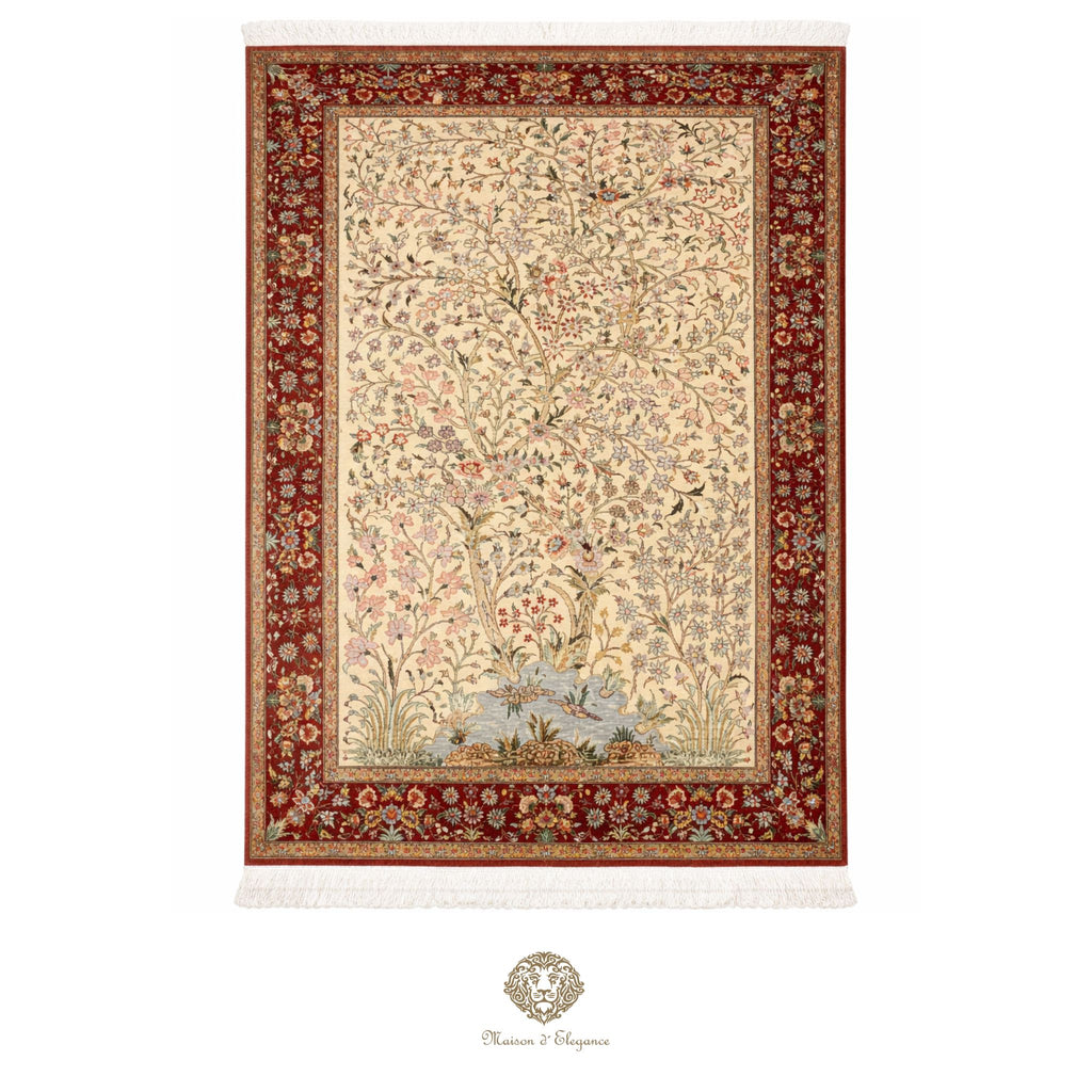 Decorative rug with intricate patterns on a white background