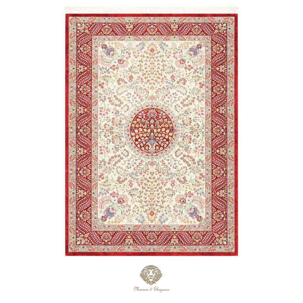 Decorative rug with intricate patterns and a red border on a white background