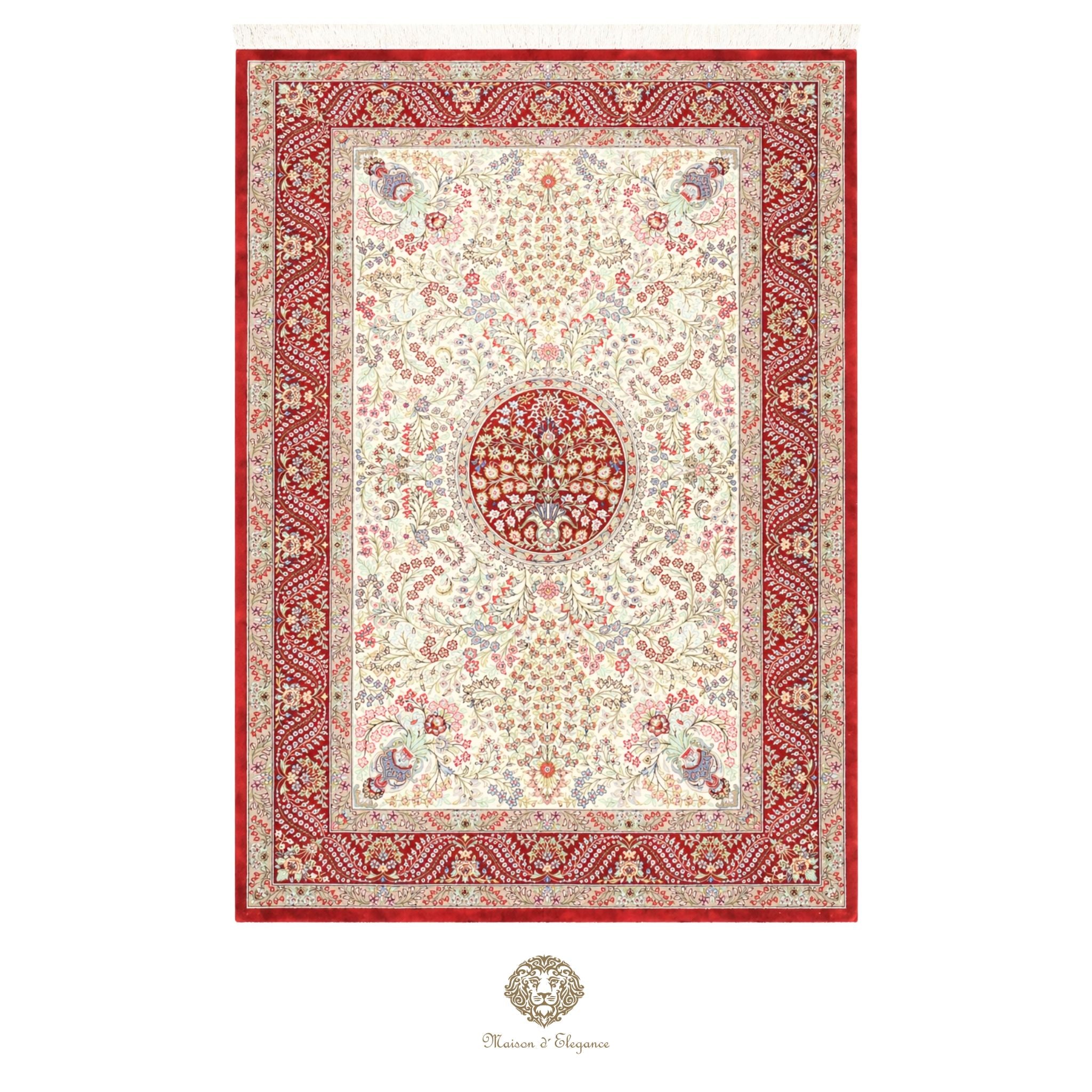 Decorative rug with intricate patterns and a red border on a white background