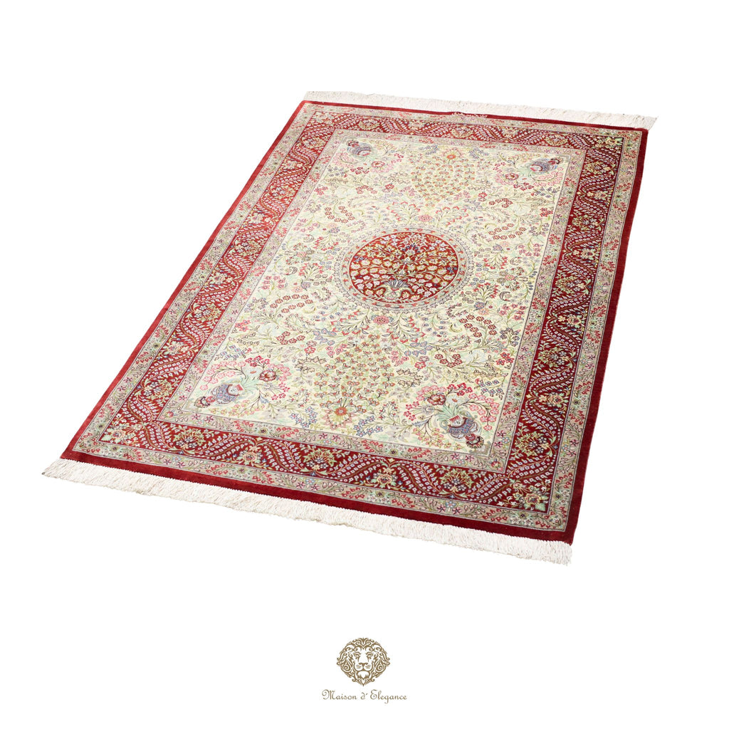 Decorative rug with intricate patterns on a white background