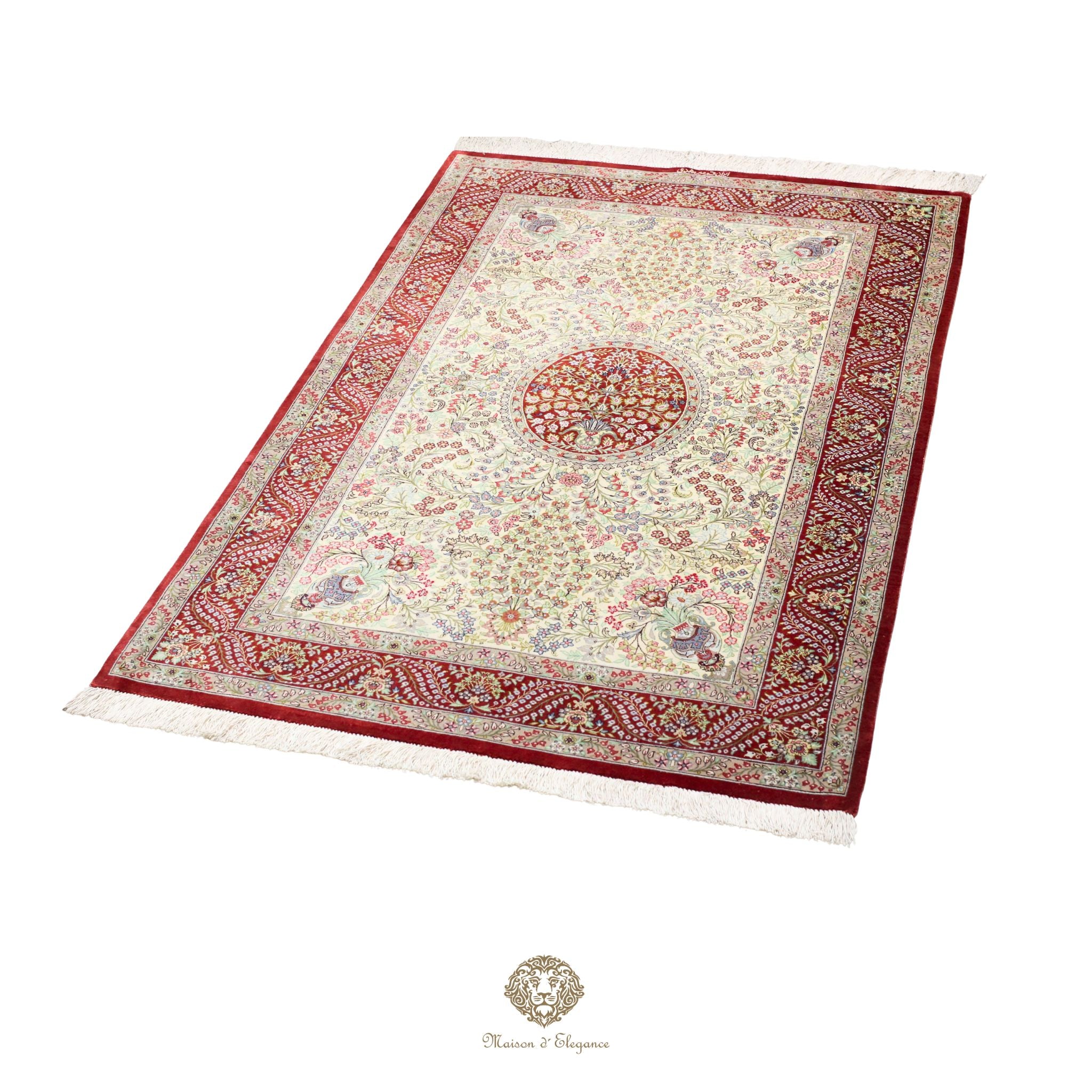 Decorative rug with intricate patterns on a white background