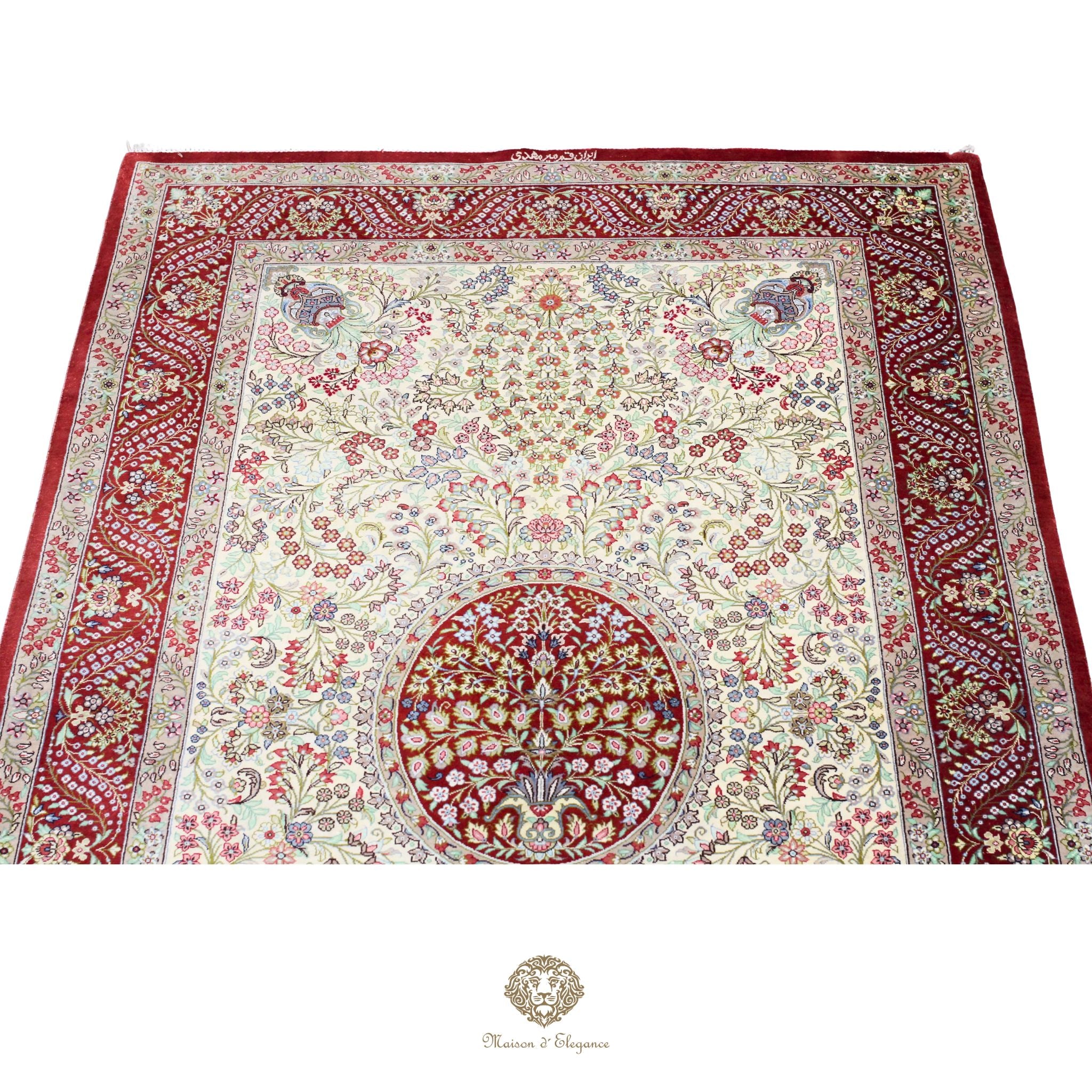 Decorative rug with intricate floral patterns on a white background
