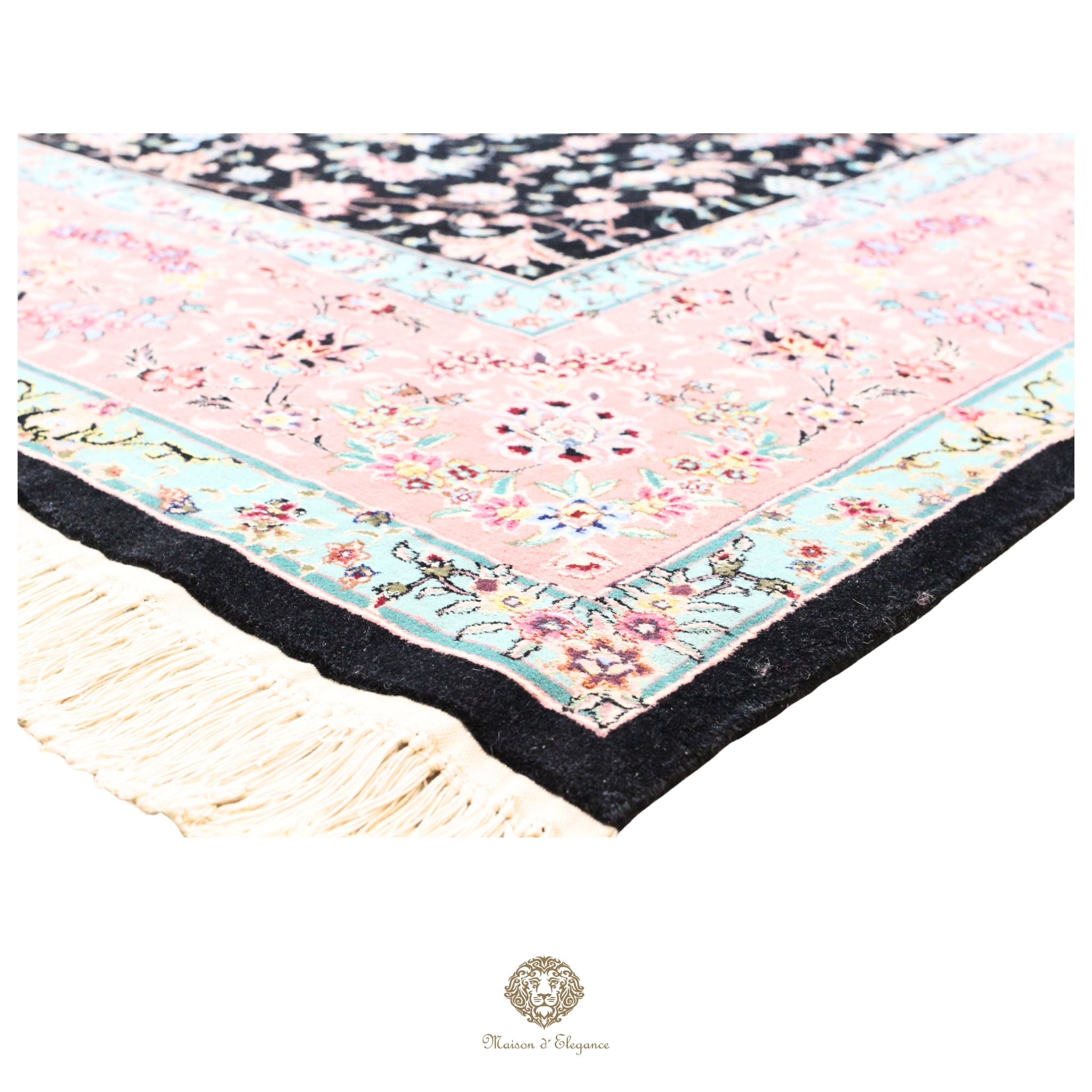 Alfombra de lana estilo Tabriz, superfina color negro marfil con diseño floral | Elegancia 243x330 cm