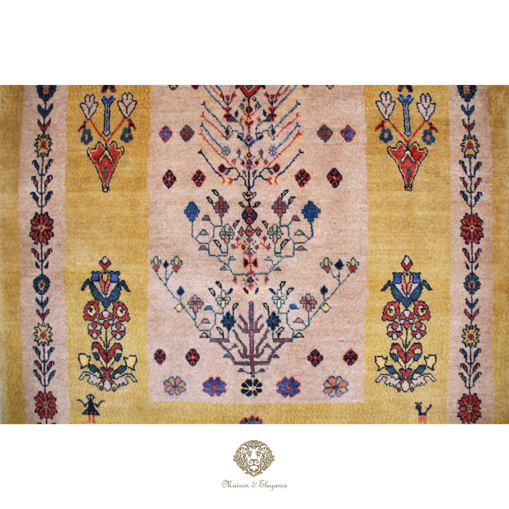 Decorative rug with intricate floral patterns on a  gold background