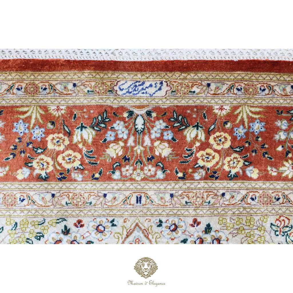 Alfombra persa exclusiva de seda pura - Obra maestra anudada a mano con tintes naturales, firmada, 101 x 155 cm, diseño de oración floral