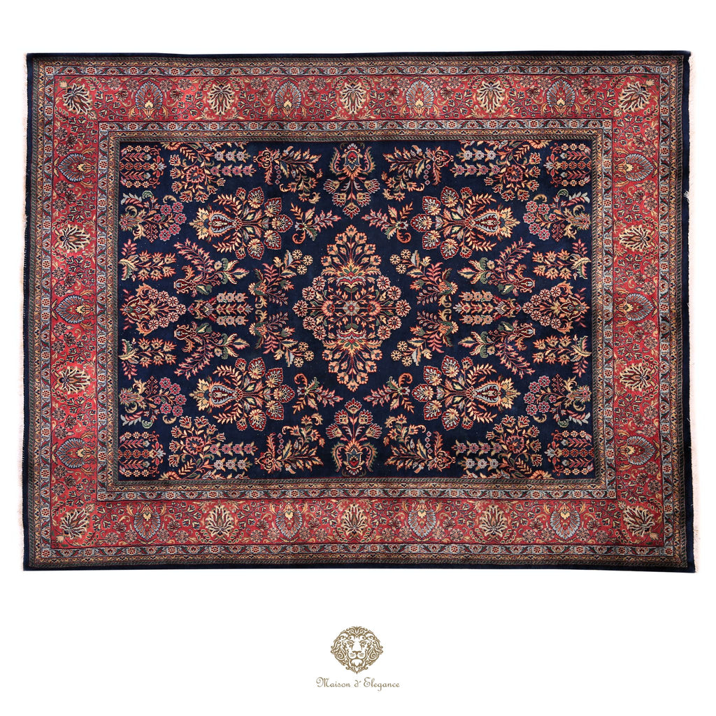 Alfombra de lana estilo KSarough de la India | Alfombra oriental con diseño floral integral en tonos azul marino 238 x 302 cm