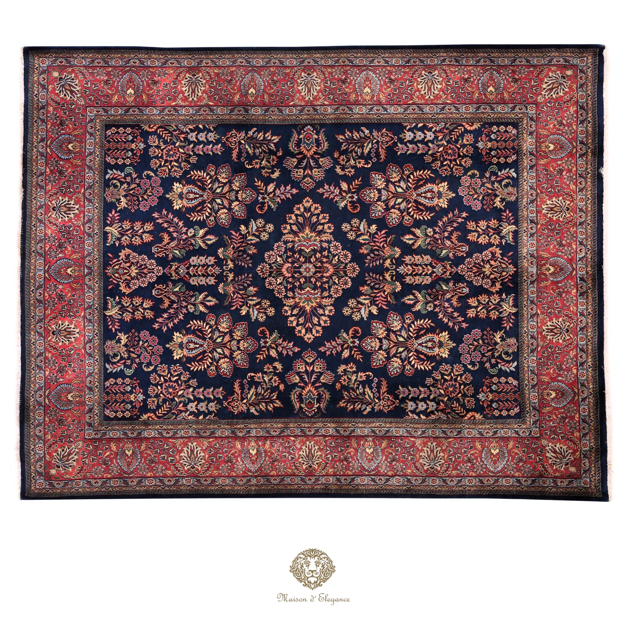Alfombra de lana estilo KSarough de la India | Alfombra oriental con diseño floral integral en tonos azul marino 238 x 302 cm