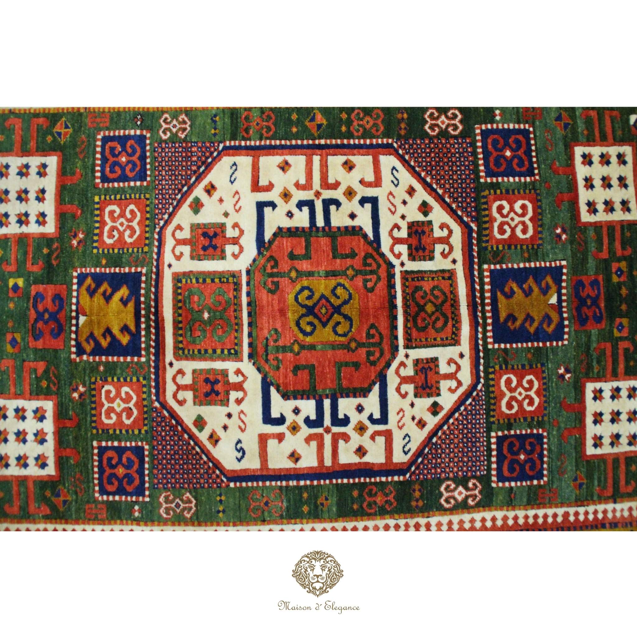 Decorative rug with intricate patterns and colors on a Green background