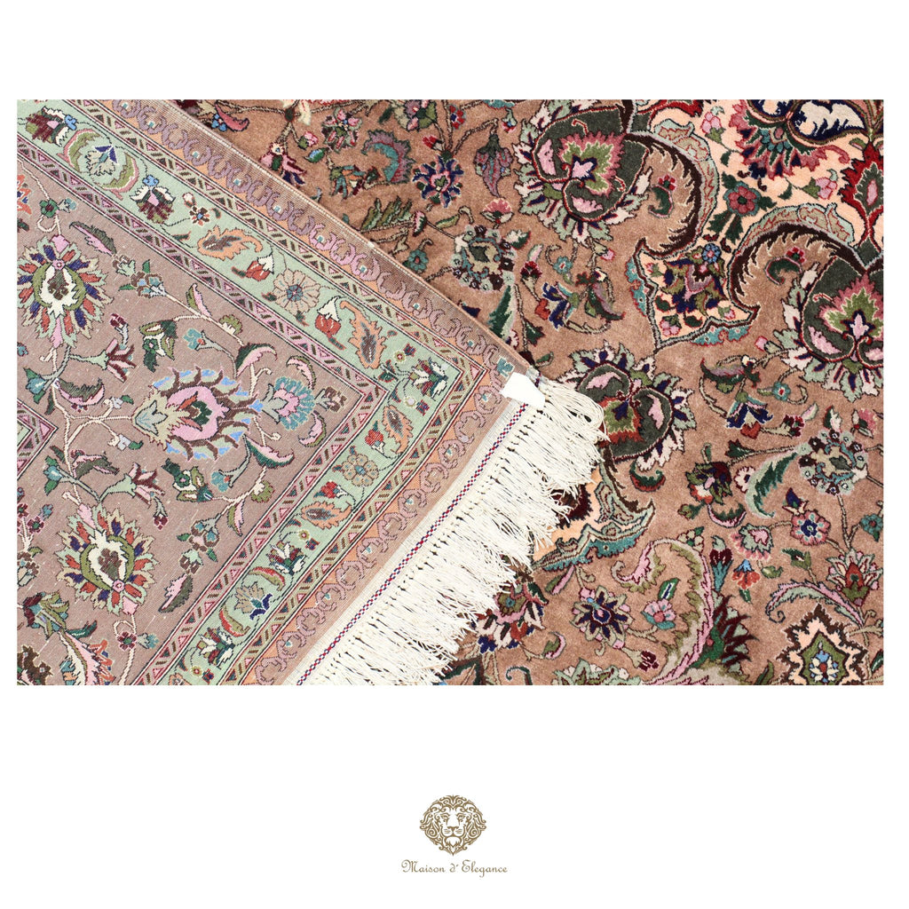 Lujosa alfombra persa de lana Kerman hecha a mano con diseño de medallón floral verde.