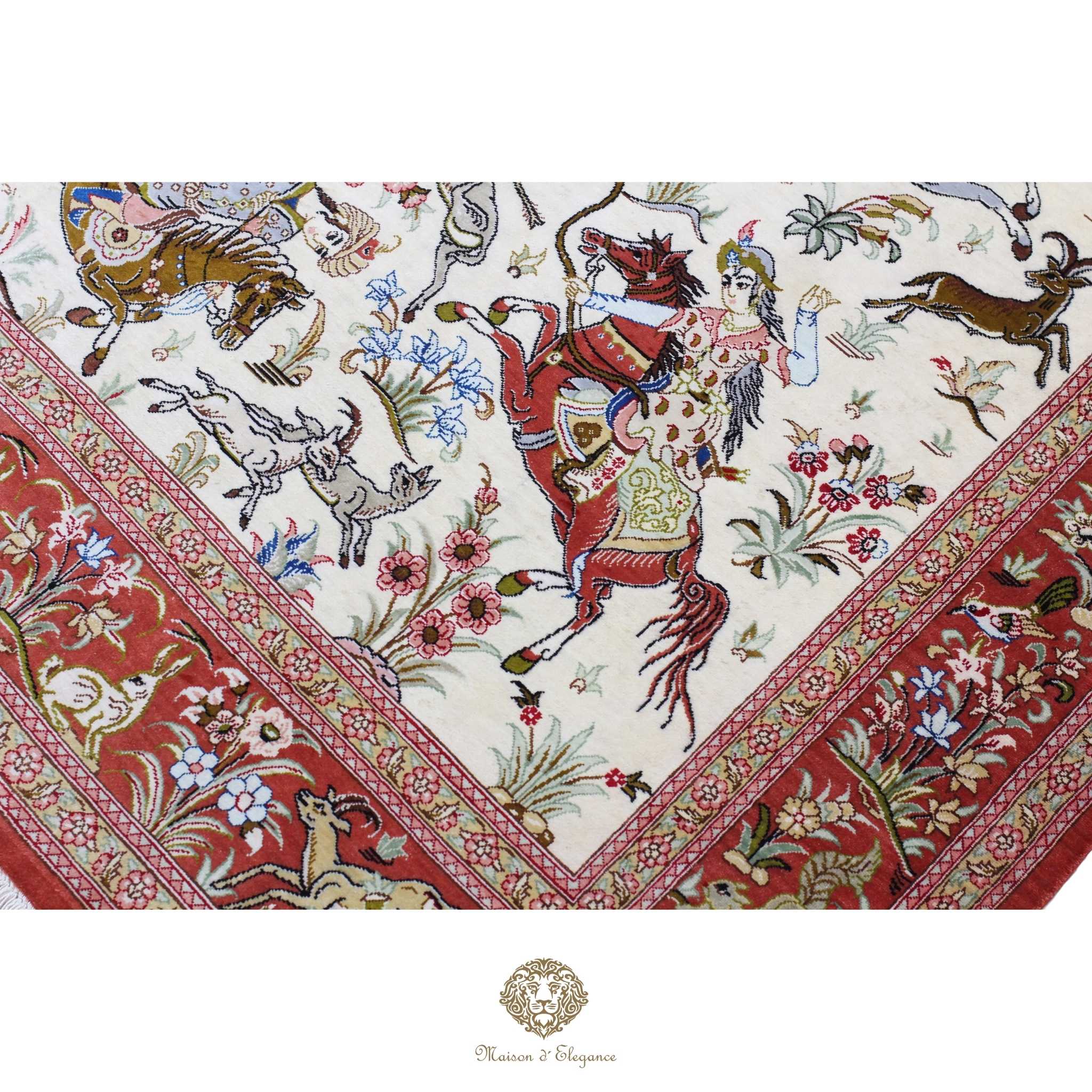 Alfombra persa exclusiva de seda pura - Obra maestra anudada a mano con tintes naturales, firmada, 98 x 156 cm, diseño de caza.