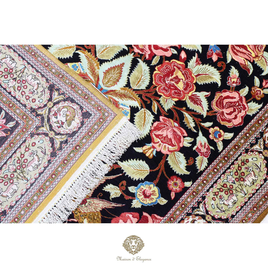 Alfombra persa exclusiva de seda pura - Obra maestra anudada a mano con tintes naturales, firmada, 105 x 157 cm, diseño de oración floral