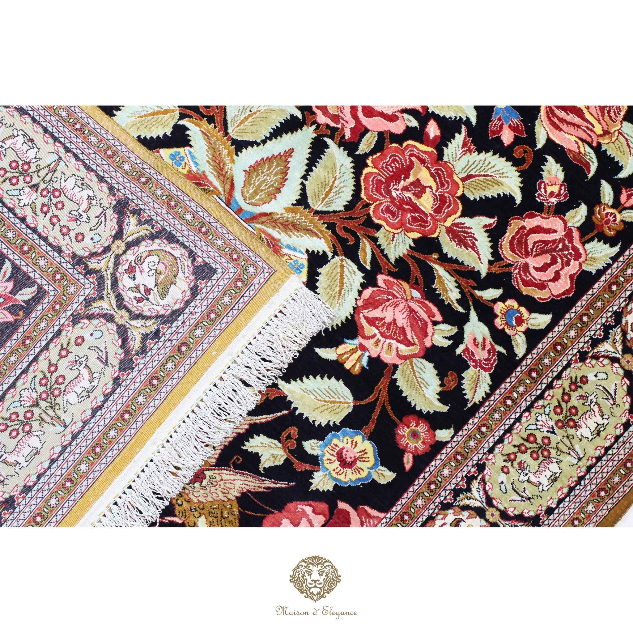 Alfombra persa exclusiva de seda pura - Obra maestra anudada a mano con tintes naturales, firmada, 105 x 157 cm, diseño de oración floral