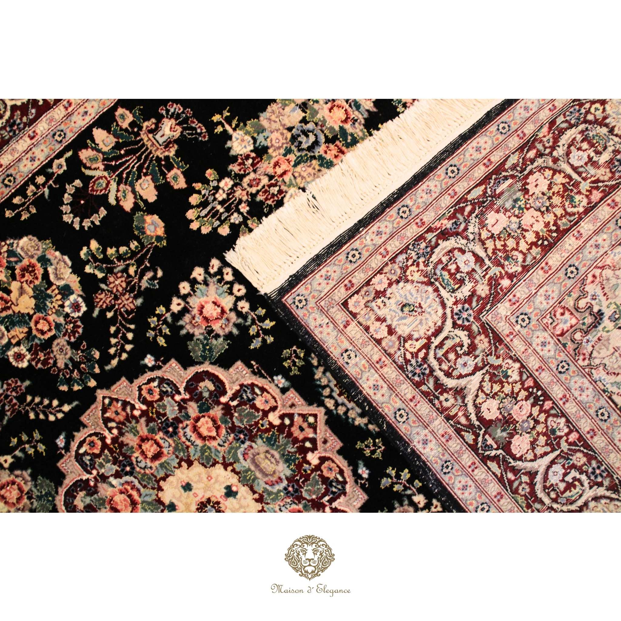 Close-up of intricately designed floral-patterned rugs with a brand logo at the bottom.
