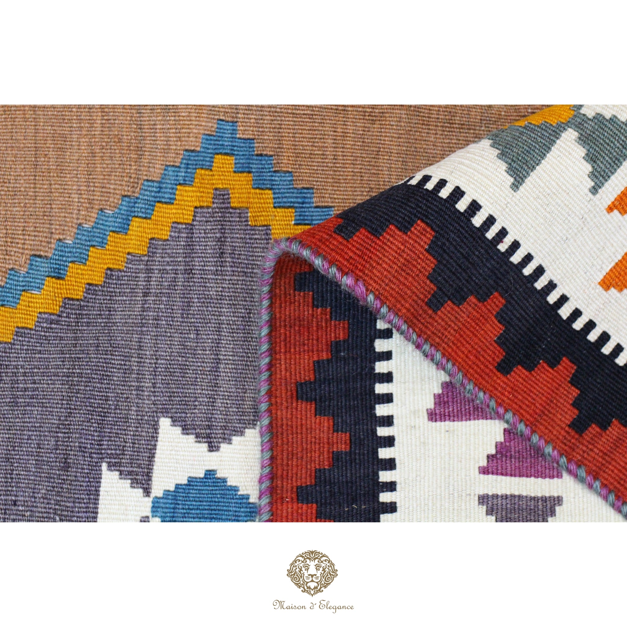 Close-up of three patterned rugs with geometric designs on a white background.