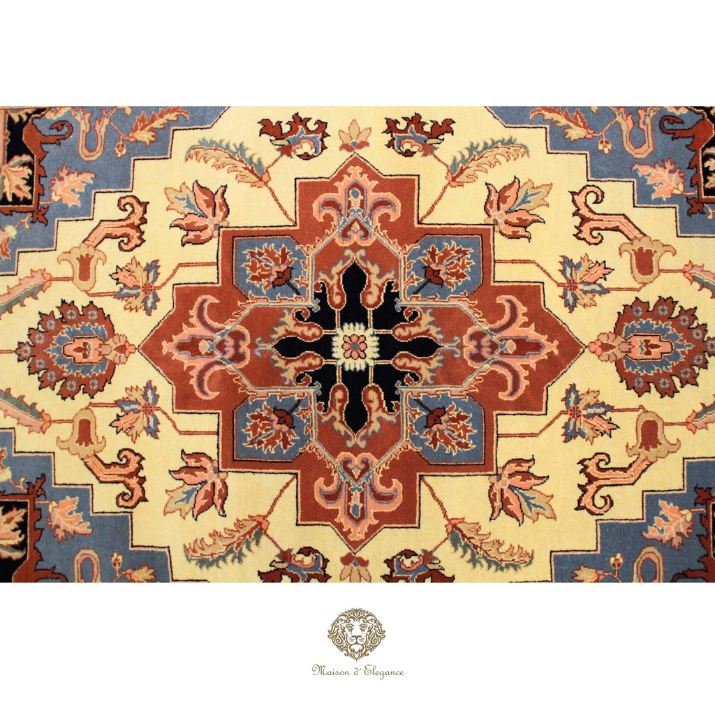 Decorative rug with intricate patterns on a Ivory background