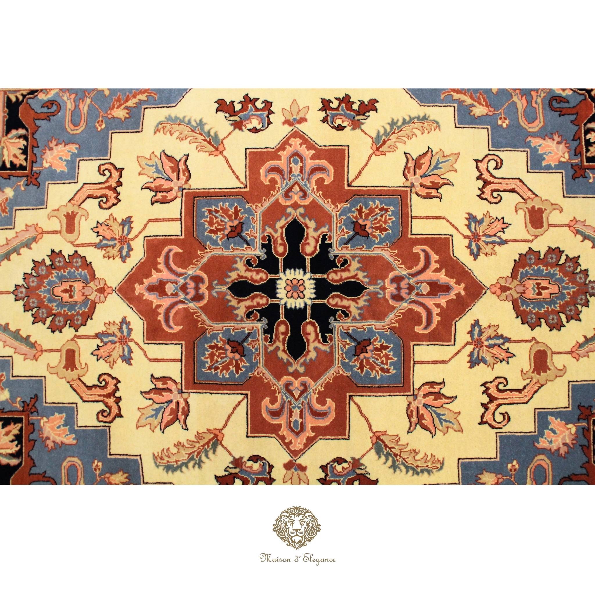 Decorative rug with intricate patterns on a Ivory background
