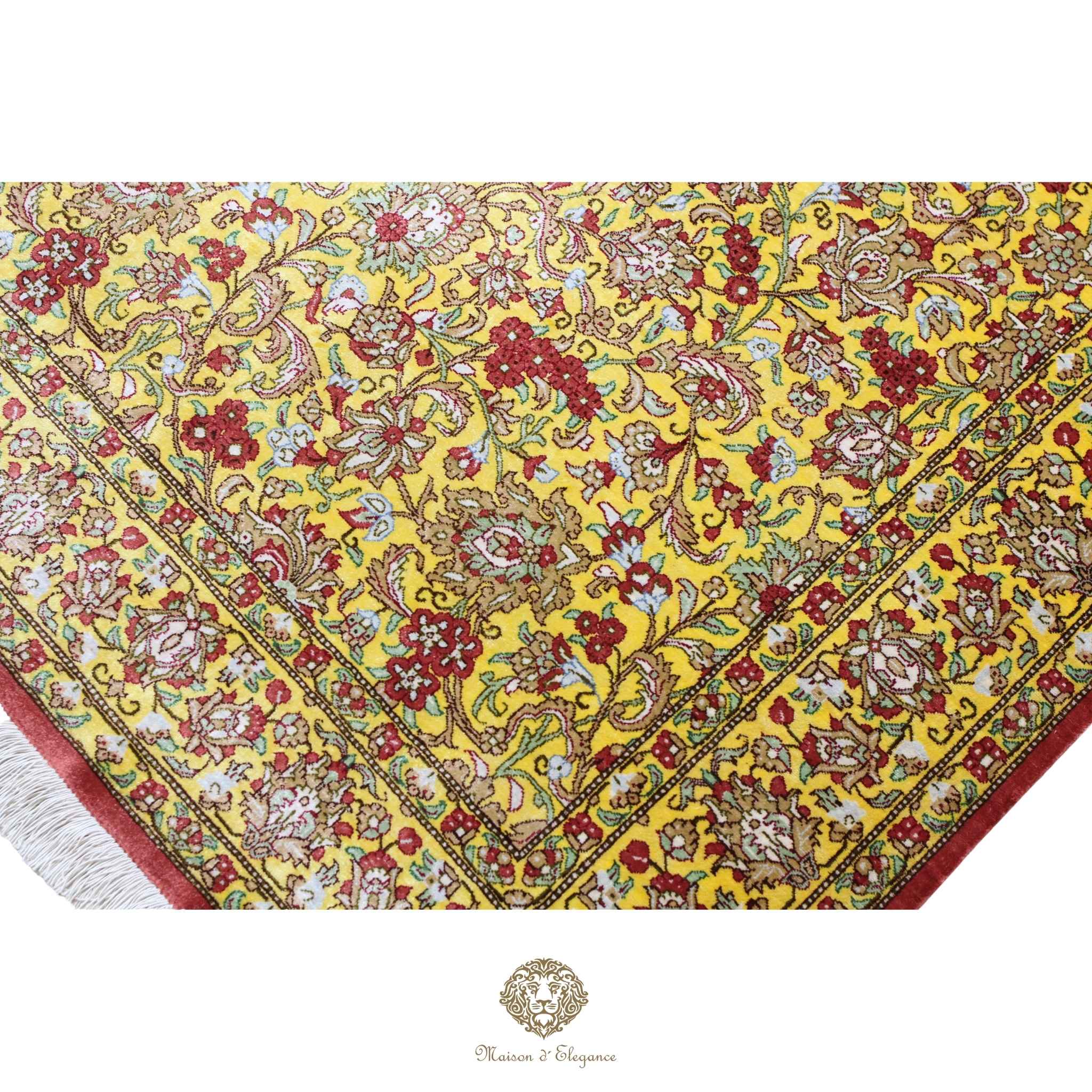 Alfombra persa exclusiva de seda pura - Obra maestra anudada a mano con tintes naturales, firmada, 101 x 159 cm, diseño floral integral.