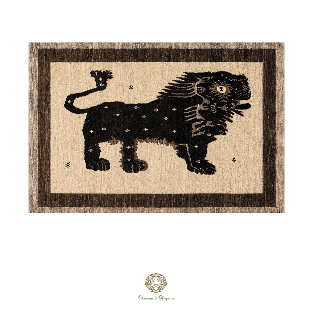 Alfombra persa Yalameh con diseño tribal de león, teñida con tintes naturales | Hecha a mano, 123 x 180 cm
