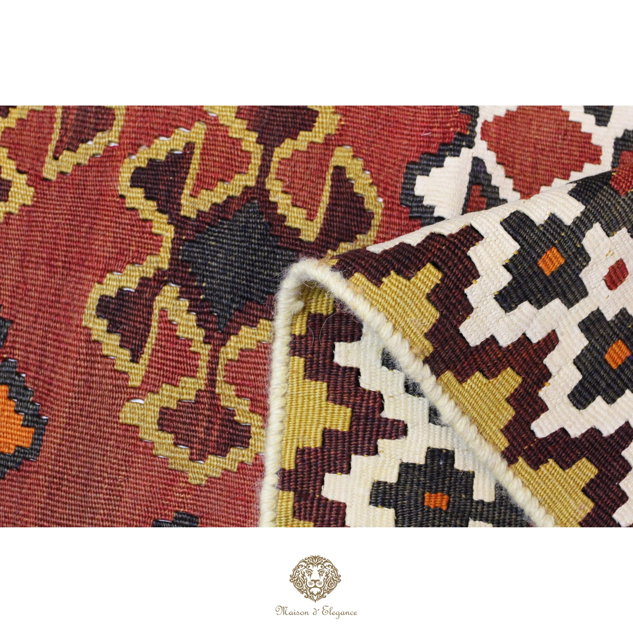 Close-up of two patterned rugs with a brand logo at the bottom.