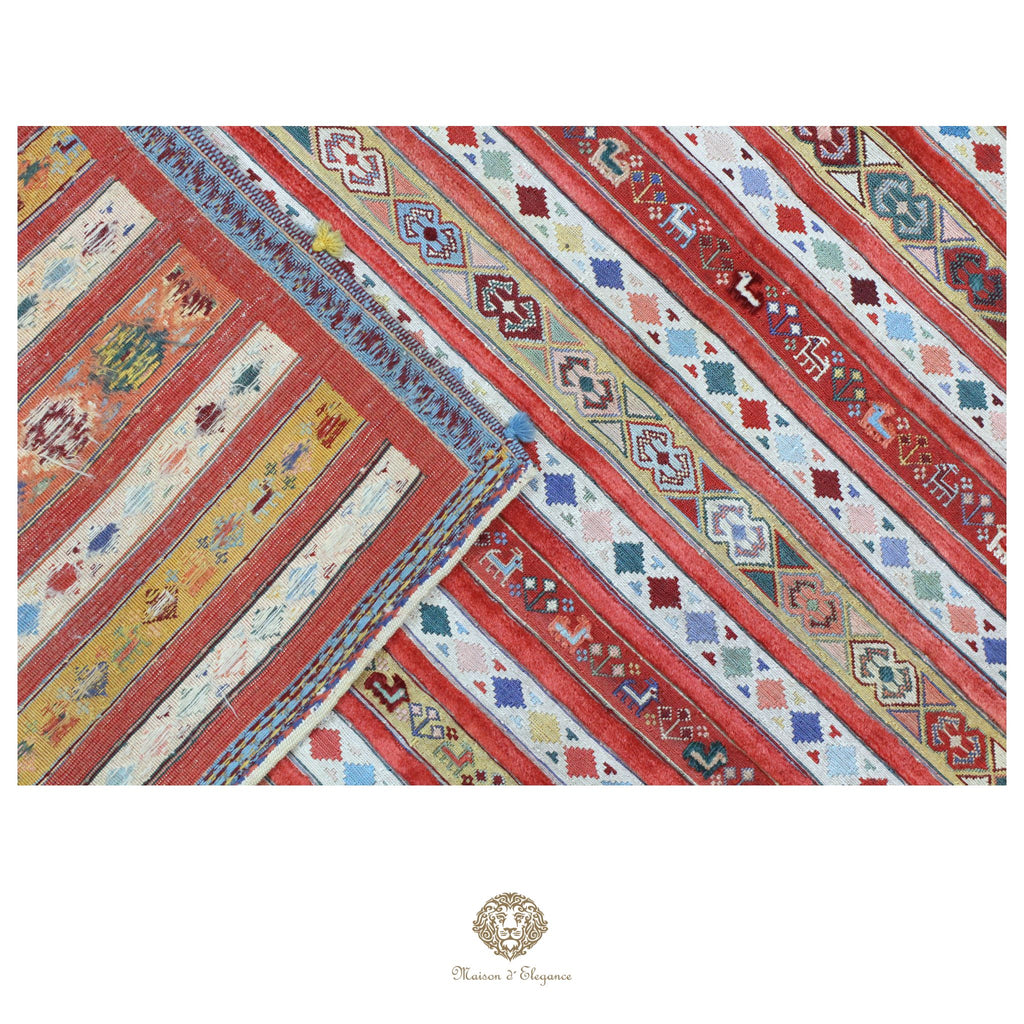 Kilim y alfombra persa Kashkuli de lana con tejido bitécnico | Relieve hecho a mano, color natural, 144 x 200 cm